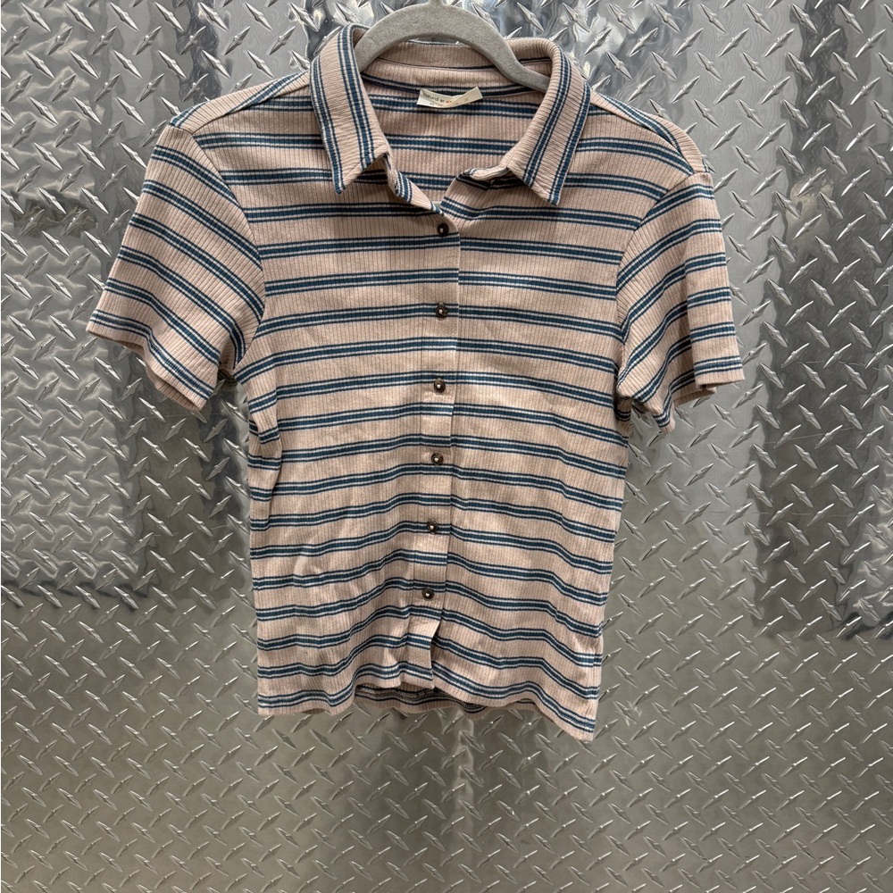 Striped Button-Up Crop Top in Blue and Tan